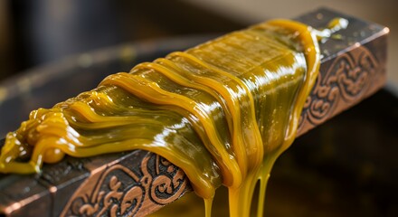 Amber Liquid Drips Over Ornate Metal Bar