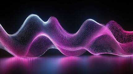Fototapeta premium Abstract glowing pink and blue wave particles on dark reflective surface