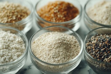 Several glass bowls hold various types of colorful grain or dry food items. It showcases ingredients for healthy cooking, baking, or dietary supplements.