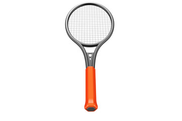 Vibrant Tennis Racket: Modern sports equipment featuring a metallic gray frame and bright orange grip, isolated on pristine white for fitness, recreation, and active lifestyle themes.
