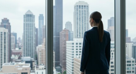 Businesswoman gazing at a sprawling cityscape from a high-rise office, contemplating future prospects