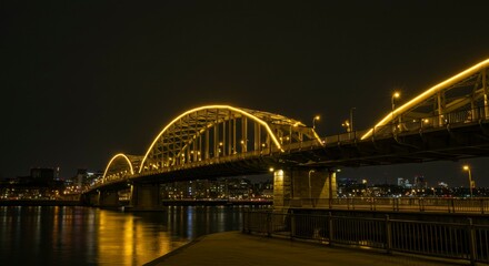 Obraz premium Illuminated arched bridge spanning a river at night, city lights reflecting in the water