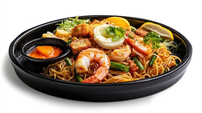 A delectable Filipino pancit palabok dish showcases shrimp, pork, egg, and vibrant orange sauce, artfully arranged on a black plate against a white background.