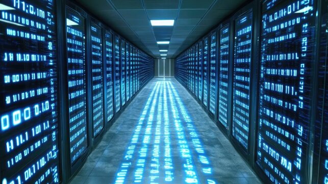 Illuminated server room corridor with data streams projected on the floor