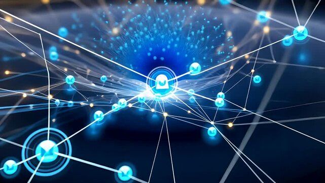 Futuristic Digital Network Connecting Nodes in Virtual Space