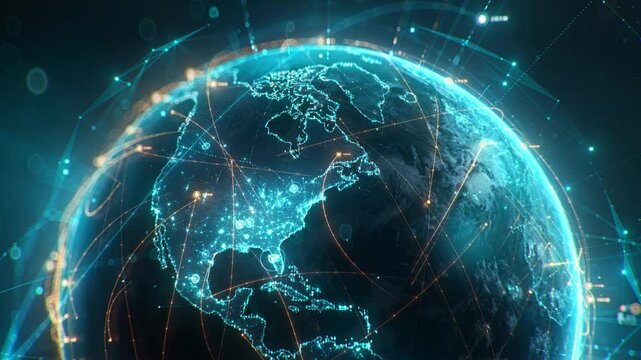Futuristic digital globe of Earth with glowing data points network connections on a dark background. Worldwide links on planet earth at night. Concept of World communication technology. 3d animation - Powered by Adobe