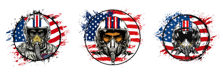 Patriotic Cat Heads with vintage soldier helmets and USA flag backgrounds in bold vector style isolated on transparent PNG background perfect for novelty mascot design patriotic icons