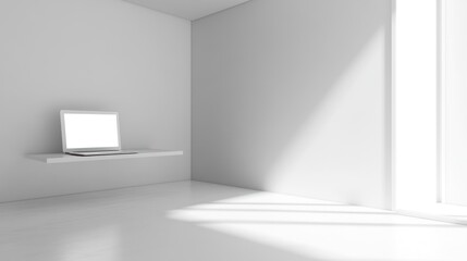 White room with laptop on shelf, sunlight
