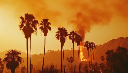 Silhouette palm trees against a fiery orange sunset with wildfire smoke