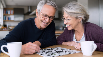Senior couple solving crossword puzzle together
