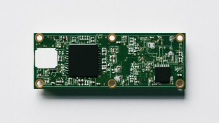 A top-down close-up of a small wearable device circuit board, forest green PCB, embedded sensors and mini battery connector, plain white background, highly realistic textures.