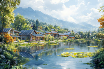 Fototapeta premium a futuristic city with solar panels covering rooftops and floating solar farms on nearby water, surrounded by lush greenery and a clear blue sky