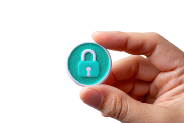 Hand Holding Teal Circle Padlock Security Icon Data Protection Concept