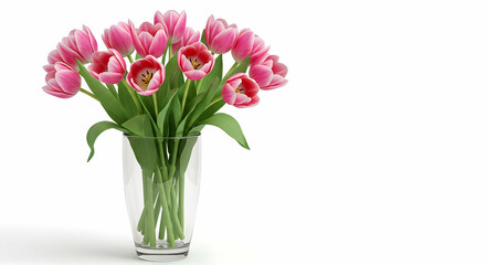 Vibrant Pink Tulips in Clear Glass Vase on White Background