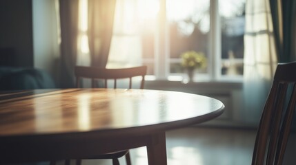 Fototapeta premium Sunny interior dining room scene. Wooden table and chairs in front of a bright window