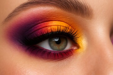 Fototapeta premium Closeup of eye with colorful eyeshadow and long eyelashes showing professional makeup