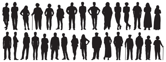 Diverse people silhouette collection. Different age, body types, shape, various race , fat, tall, short. 