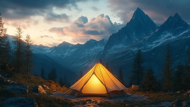 Camping Under the Stars: A glowing tent illuminated from within nestled amid the towering peaks of a majestic mountain range, an invitation to embrace the serenity of the great outdoors.