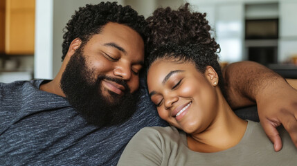 Obraz premium Smiling Black couple cuddling and resting peacefully together on a couch at home