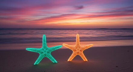 Fototapeta na wymiar Two glowing starfish on a beach at sunset
