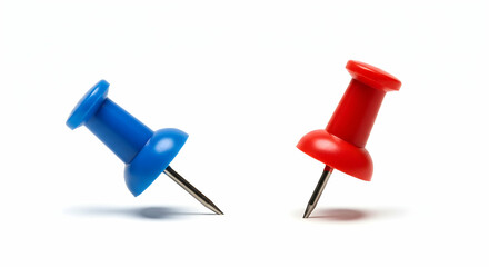 Colorful Push Pins in Red and Blue on a White Background