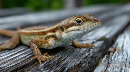 Fototapeta premium Detailed close-up of a small lizard resting on weathered wooden surface