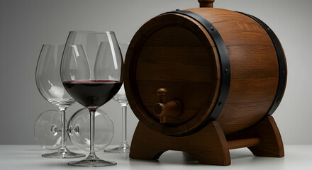 Wooden Wine Barrel with Glasses of Red Wine on a Table Surface