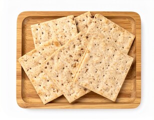 Fototapeta premium Gluten-free crackers on wooden tray isolated on white background with full depth of field for snack or healthy eating concept