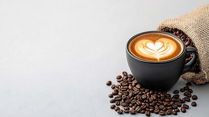 Latte art in a black mug with coffee beans