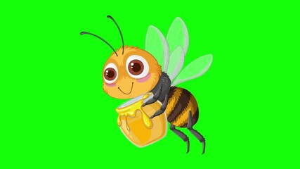 Cartoon bee flying with honey jar, 2D animation, transparent background, green chromakey.