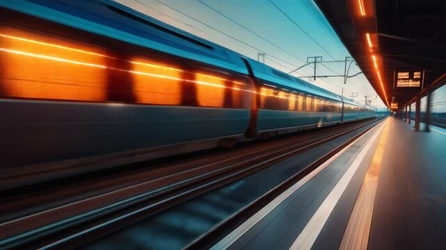 A modern high-speed train zooming past a station during twilight, showcasing dynamic motion and vibrant colors.