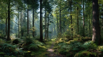 Fototapeta premium Enchanting Forest Trail: A Serene Pathway Through Verdant Woodland Scenery