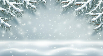 Snowy Winter Background with Pine Branches and Gentle Snowfall Effects