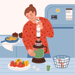 A man cooks in the kitchen, mixing fresh vegetables and vitamins in a blender.  Home life, cooking breakfast or dinner. Vector illustration in the flat style