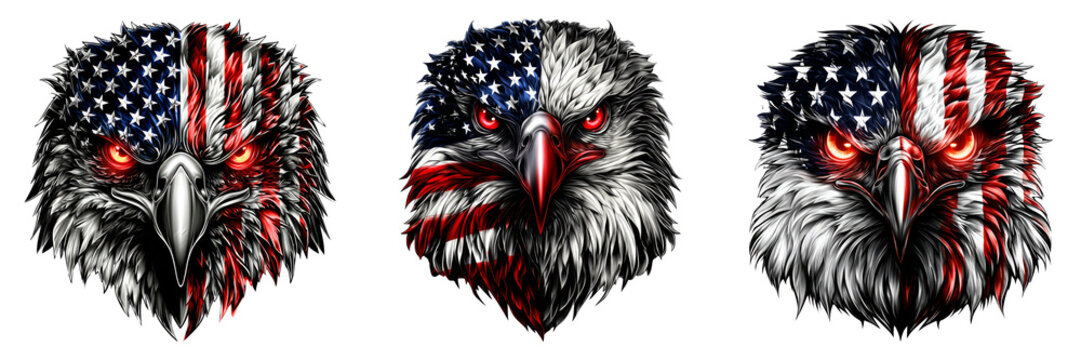 Fierce Bald Eagles with American flag motif in aggressive patriotic style isolated on transparent PNG background perfect for military badge national pride emblem or veteran merchandise