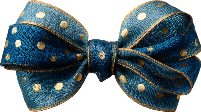 Close-up view of a beautiful gift bow made of teal fabric with gold polka dots.  The bow is tied in a classic shape.