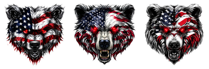 Bear Heads with American flag texture in rugged vector style isolated on transparent PNG background perfect for adventure branding outdoors product label or wilderness design