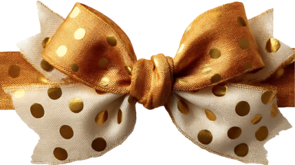 Close-up of a festive gold-dotted ribbon bow, crafted from layered cream-colored fabric and gold polka dots.  The bow is elegantly knotted and depicts a beautiful decorative pattern.