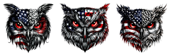 Owl Heads with sharp eyes and American flag design in dark vector style isolated on transparent PNG background perfect for wisdom icon educational badge or nocturnal wildlife themes