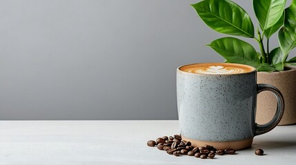 Light grey mug with latte art on a white surface with coffee beans and a plant