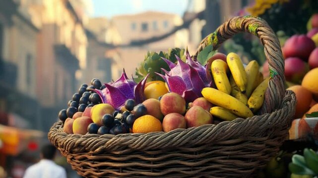 Vibrant fruit basket overflowing with exotic fruits in a lively market setting, showcasing local culture