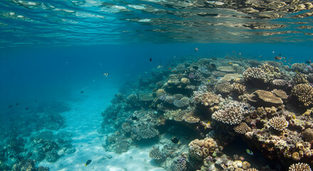 Fototapeta premium Vibrant Coral Reef Underwater Landscape with Clear Blue Water