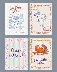 Set of hand drawn vintage posters in dolce vita style. Contemporary art vector illustrations. Vintage vector print. Print for t-shirt. Trendy minimalist posters