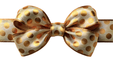 Close-up view of a decorative ribbon bow, featuring a cream colored ribbon with gold polka dots, against a colorful backdrop.  The bow is exquisitely detailed and stylish.