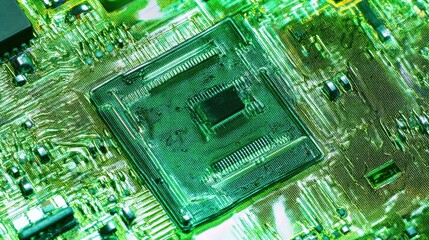 An extremely detailed close-up of an automotive ECU PCB, rugged green finish, conformal coating reflections minimized, surrounded by metallic casing edges, lab white background.