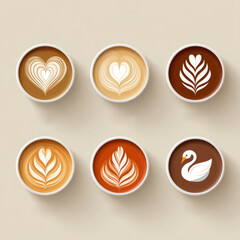 Artistic latte art designs in circular top-down view for cafe decor and inspiration