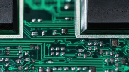 Fototapeta premium An extremely detailed close-up of an automotive ECU PCB, rugged green finish, conformal coating reflections minimized, surrounded by metallic casing edges, lab white background.