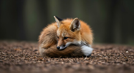 Fototapeta premium Cozy Red Fox Resting on Forest Floor in Blurred Background