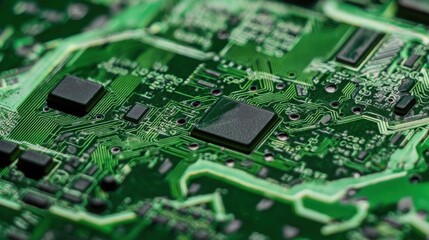 Fototapeta premium An extremely detailed close-up of an automotive ECU PCB, rugged green finish, conformal coating reflections minimized, surrounded by metallic casing edges, lab white background.
