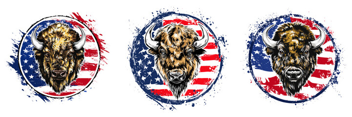 Bison Heads with patriotic American flag circle background in bold stamp style isolated on transparent PNG background perfect for western themed branding ranch identity or vintage USA graphics